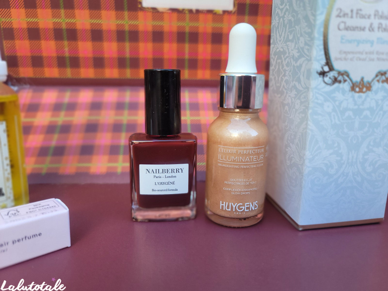 vernis l'oxygénée Nailberry et gouttes sérum perfecteur illuminateur Huygens